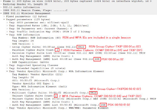 (図) WPA-PSK:TKIP+CCMP, WPA2-PSK:TKIP+CCMPを設定したAPのビーコン